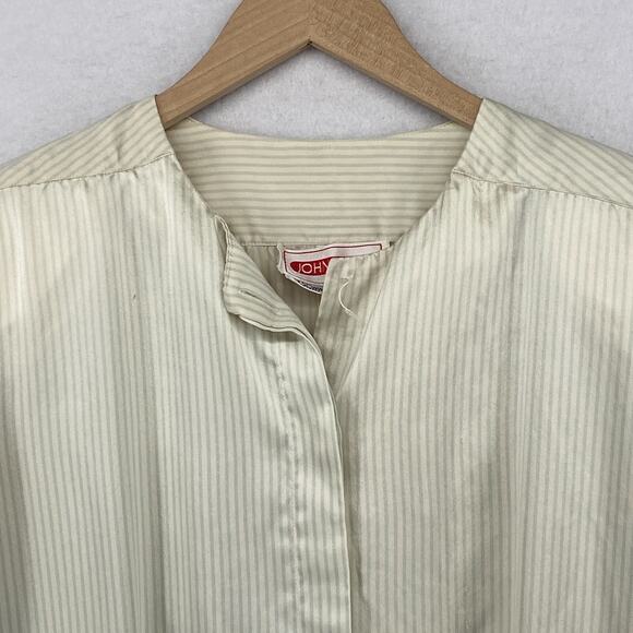 Vtg JOHN YANG Blouse 14 Silk Satin Striped Hidden Button Long Sleeve Off White - Picture 2 of 13